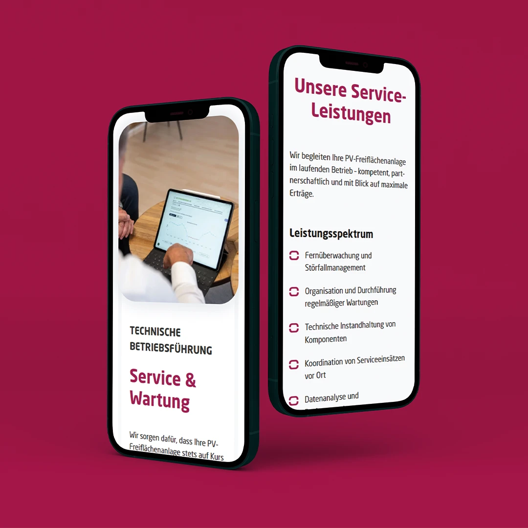Zwei Smartphones zeigen Abschnitte der mobilen Website zu Service- und Wartungsleistungen auf magenta Hintergund.
