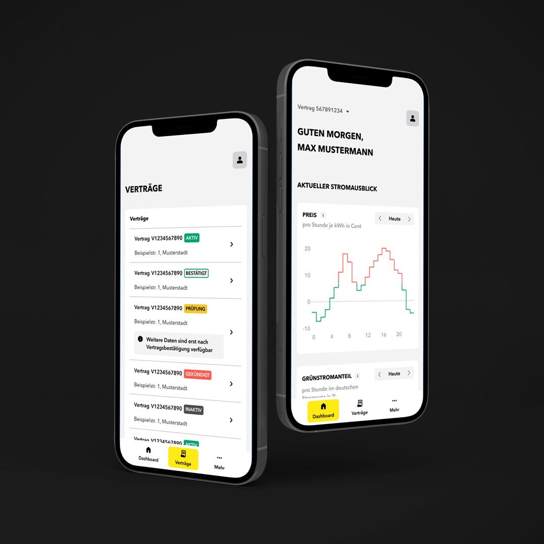 Smartphone-Mockup des Kundenportals mit Vertragsübersicht und verschiedenen Diagrammen zum Stromausblick. 