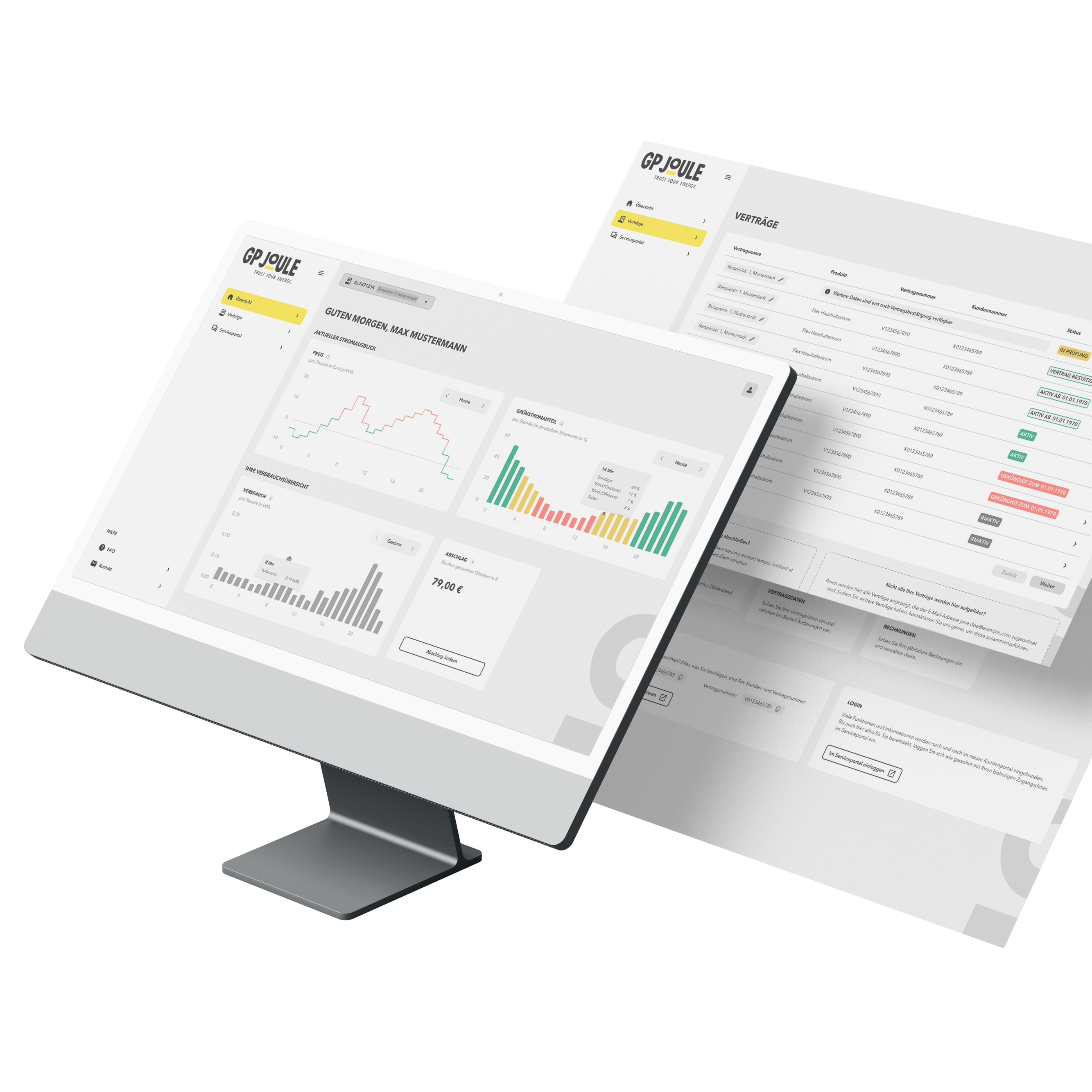 Desktop-Mockup des Kundenportals mit Vertragsübersicht und verschiedenen Diagrammen zum Stromausblick. 