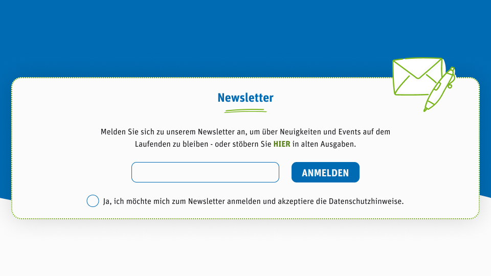 Ein Kästchen mit Brief-Illustration. Darin ist die Newsletter-Anmeldung eingebettet. 