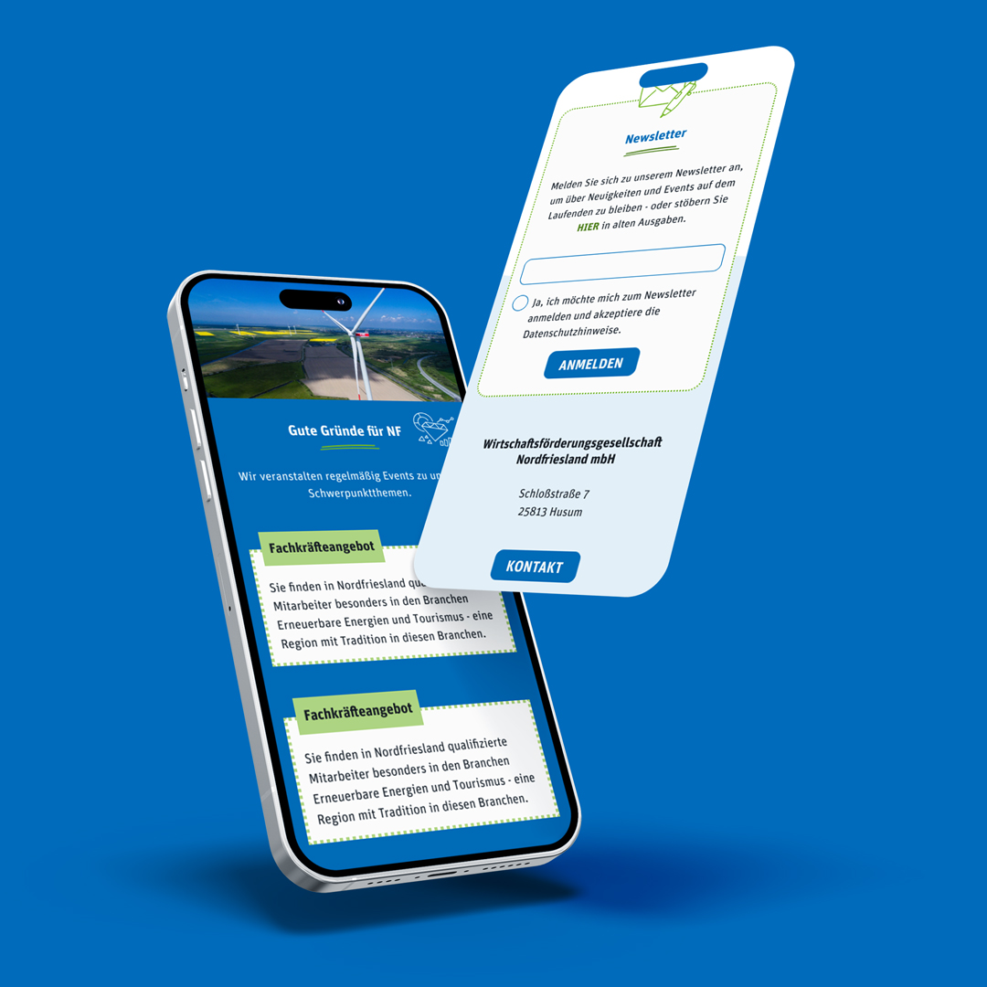 Smartphone-Mockup der Website. Der Footer mit Newsletter-Anmeldung ist abgebildet. 