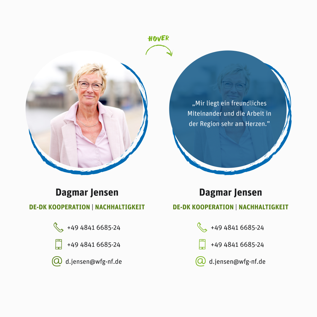 Eine Team-Card mit Foto von Dagmar Jensen und Kontaktdaten. Daneben dasselbe nochmal mit Hover-Effekt. 