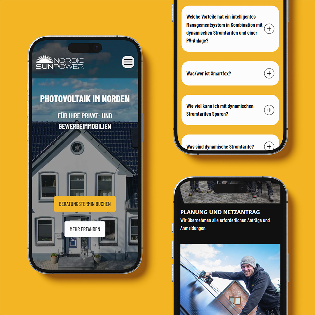 Verschiedene Seiten der neuen Website von Nordic Sunpower auf Smartphone-Mockups. 