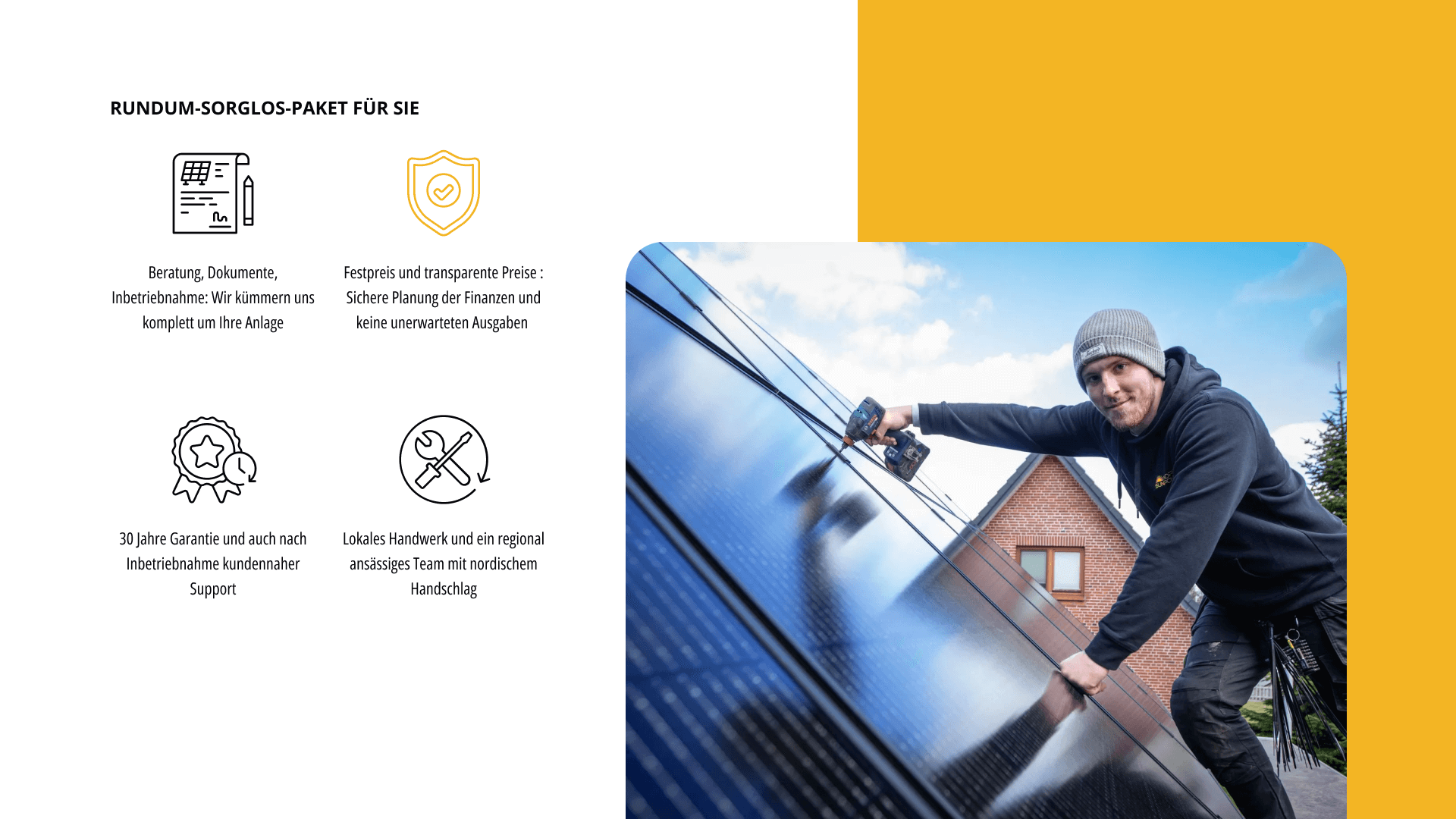 Vier Icons mit Beschreibungen visualisieren das Rundum-Sorglos-Paket von Nordic Sunpower. Daneben ist ein Foto von einem Handwerker bei der Solarpanel-Montage. 