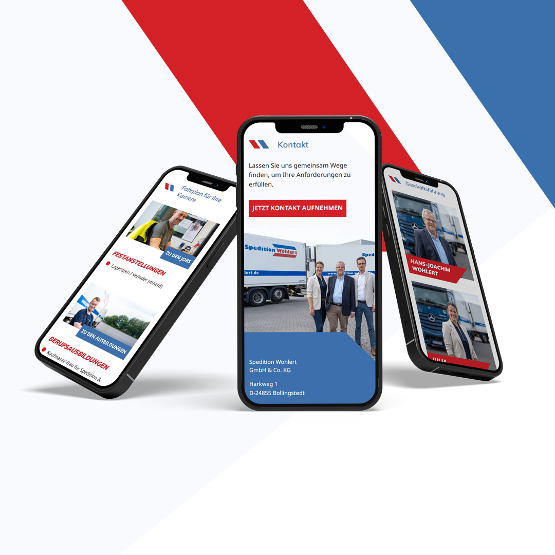 Die neue Website von Spedition Wohlert auf drei Smartphone-Mockups nebeneinander. 