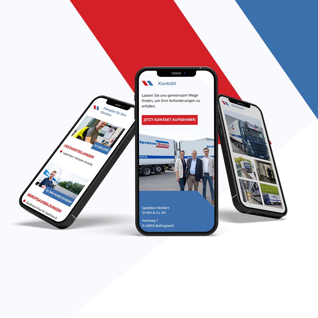 Die neue Website von Spedition Wohlert auf drei Smartphone-Mockups nebeneinander. 