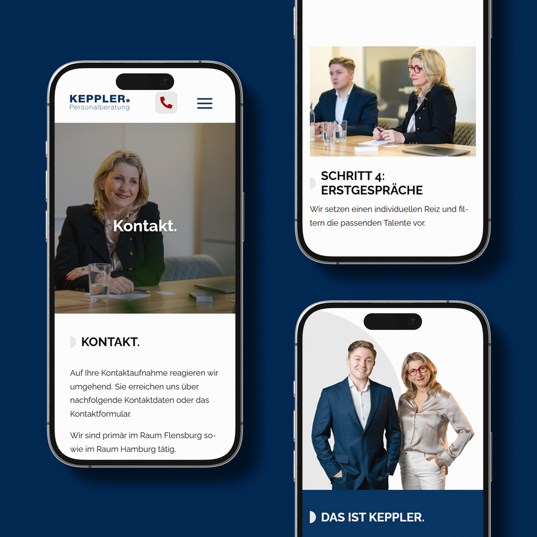 Verschiedene Ansichten der neuen Website auf mehreren Smartphone-Mockups. 