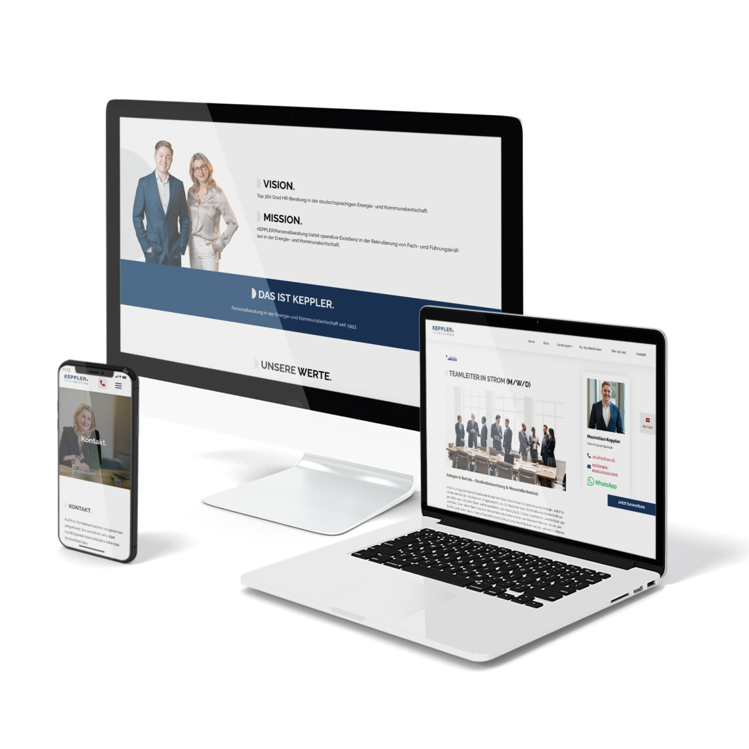 Die neue Website auf verschiedenen Mockups: ein Desktop-Monitor, ein Laptop und ein Smartphone. 